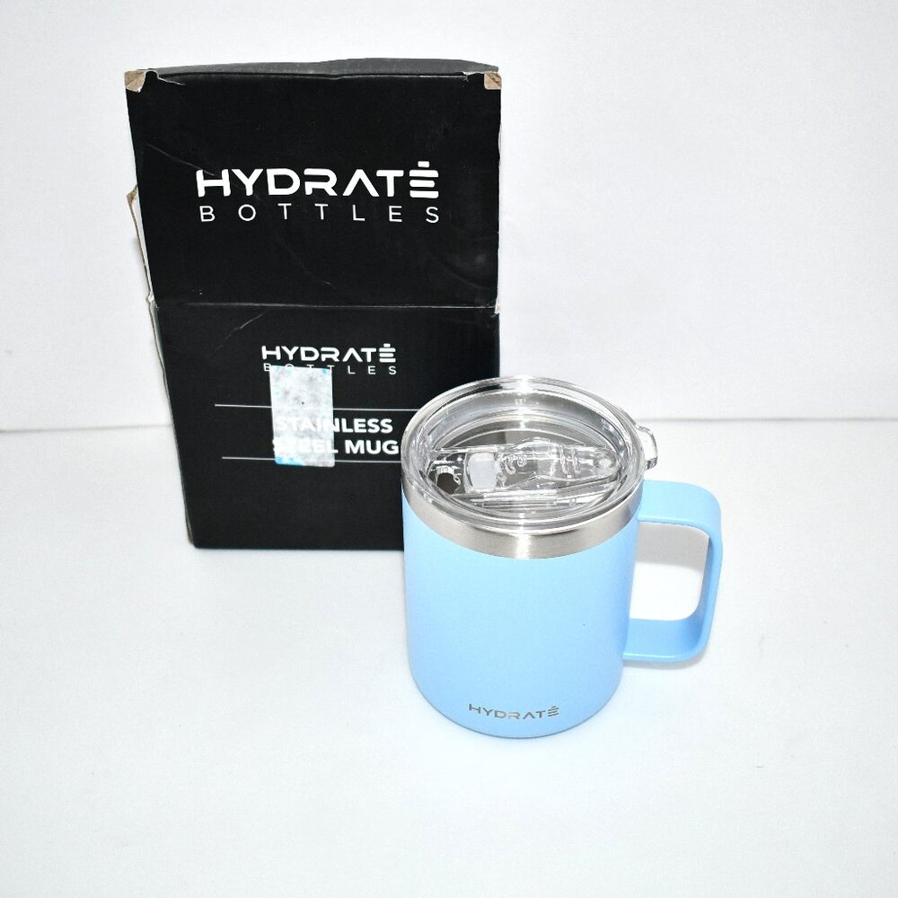 HYDRATE Stainless Steel Travel Coffee Mug, 12oz Insulated , Secure Lid Lt BlUE